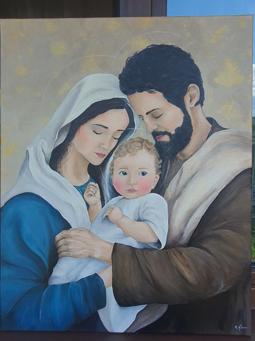 Duży ręcznie malowany obraz Świętej Rodziny, 80x100 cm, obraz na płótnie, prezent na ślub