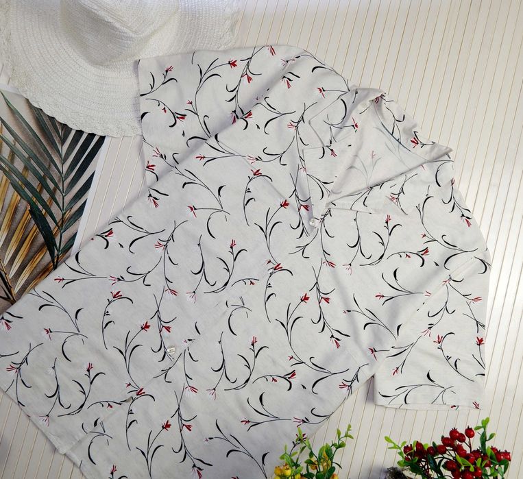 Рубашка хлопковая льняная с узором мужская летняя 2XL 3XL бело серая