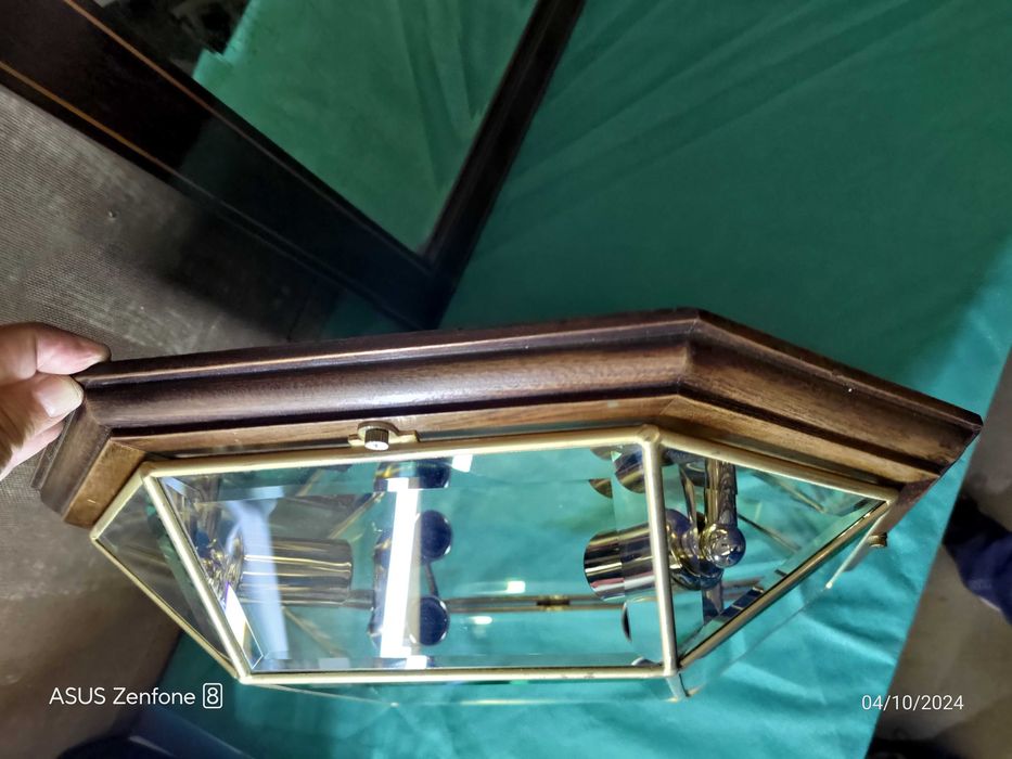 Candeeiro teto plafonnier vintage em madeira latão cristal bom estado