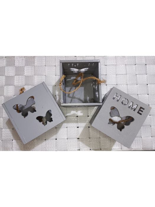 3x Drewniany świecznik lampion ozdoba zestaw latarenki lampiony siwe