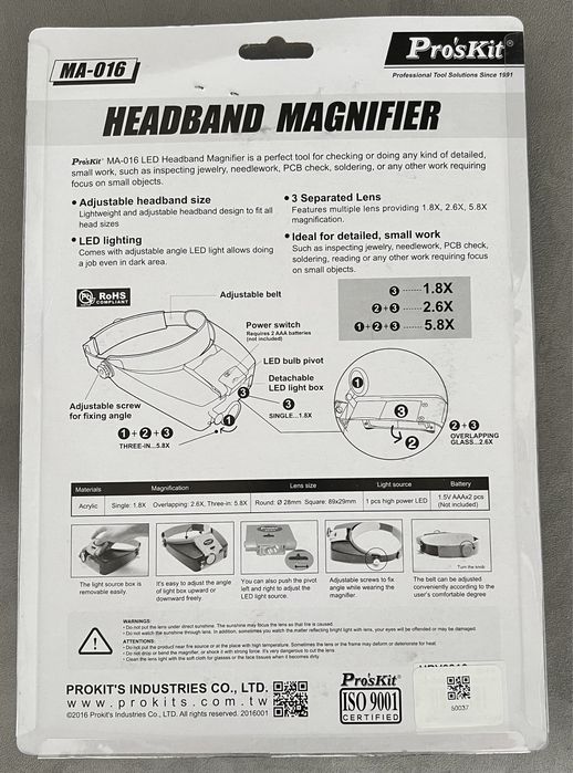 Lupa para cabeça com luz (led) e 3 lentes