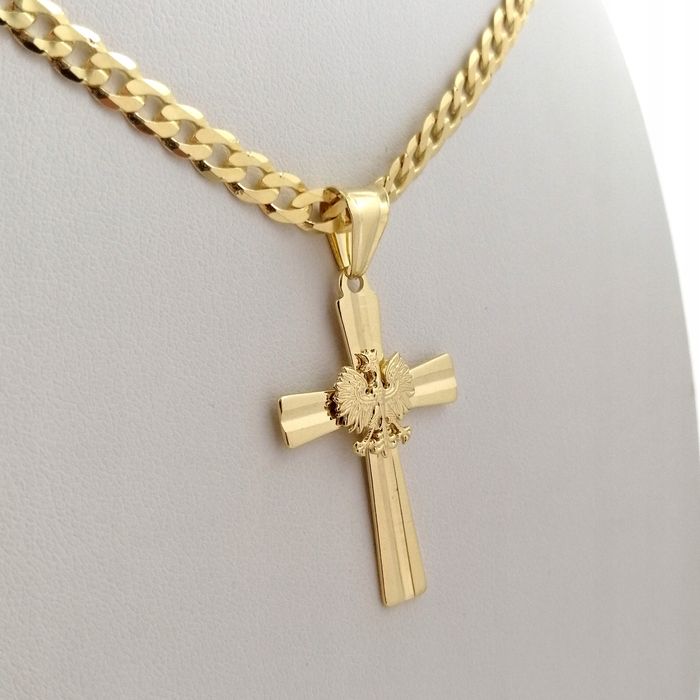 Męski Elegancki Łańcuszek + Zawieszka Krzyż Srebro 925+złoto 585 Certy