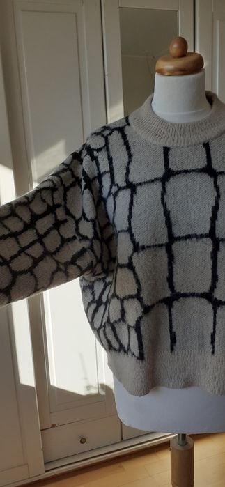 Ciepły sweter beżowy damski L lużny akryl wełna