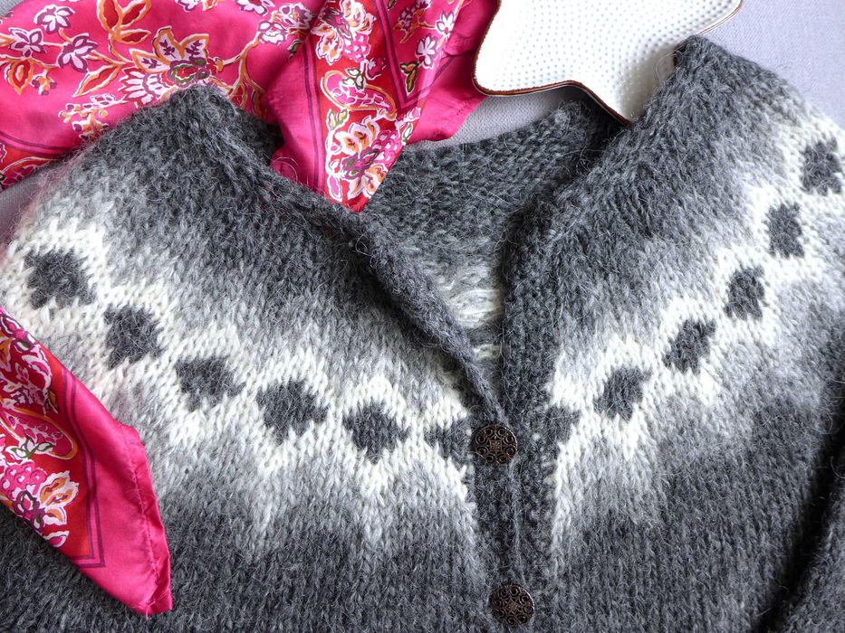 Wełniany ISLANDZKI SWETER rozpinany kardigan S 36 M 38 handmade WEŁNA