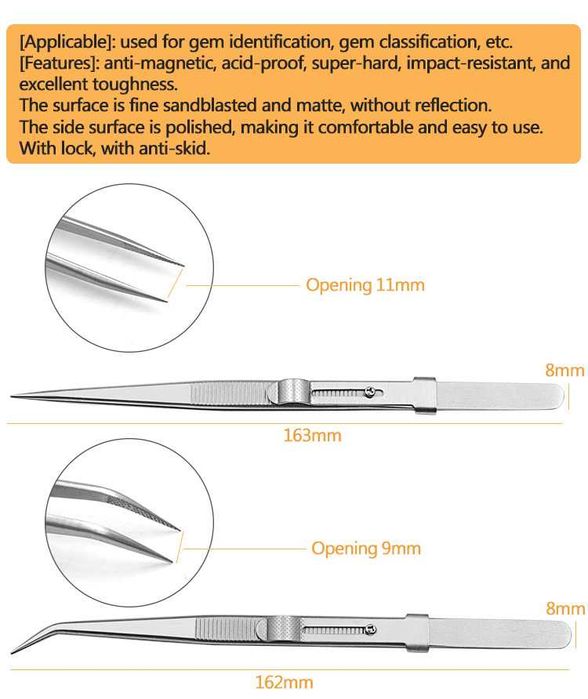 Гострий тонкий пінцет з нержавіючої сталі з можливістю фіксації