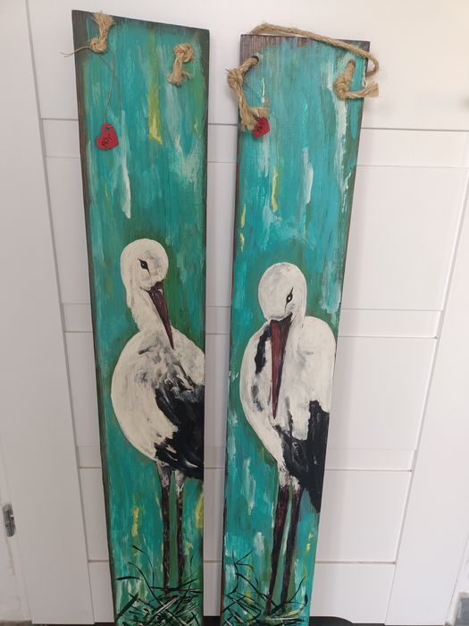 Boćki malowane na sosnowych deskach