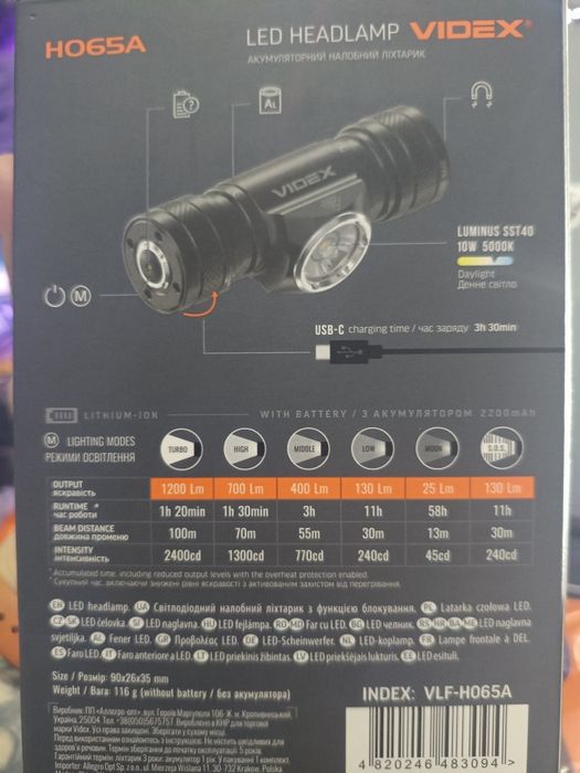 Фонарик налобний VIDEX HO65A