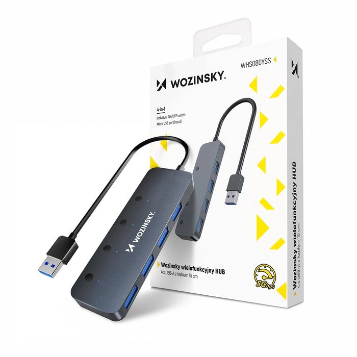 Hub USB Wozinsky WHS080YSS 4x USB-A 3.0 z indywidualnymi włącznikami aluminowy z kablem USB-A 15 cm - szary