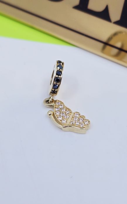 Złoty charms wiszący motyl biała cyrkonia próba 585 14k