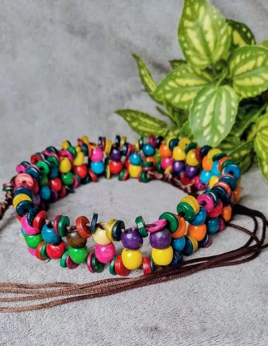 Kolorowy pasek boho z drewnianych koralików, wiązany,retro vibe gypsy