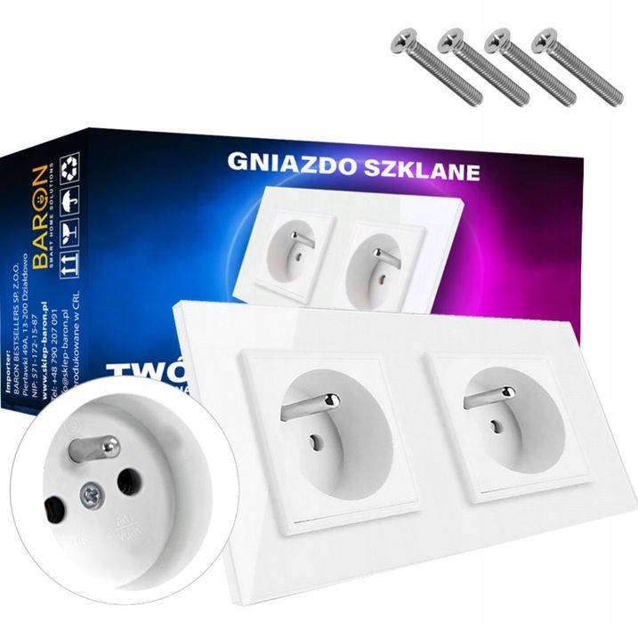Gniazdka elektryczne białe podwójne szklane z bolcem