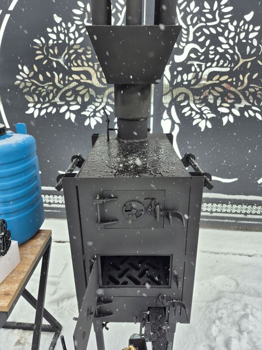 Піч буржуйка з радіатором та пальником на відпрацьованому мастилі