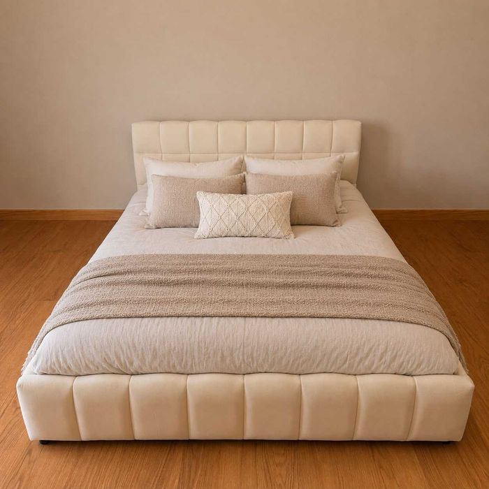 Cama de casal bege de veludo 140x200cm c/armazenamento (Nova)