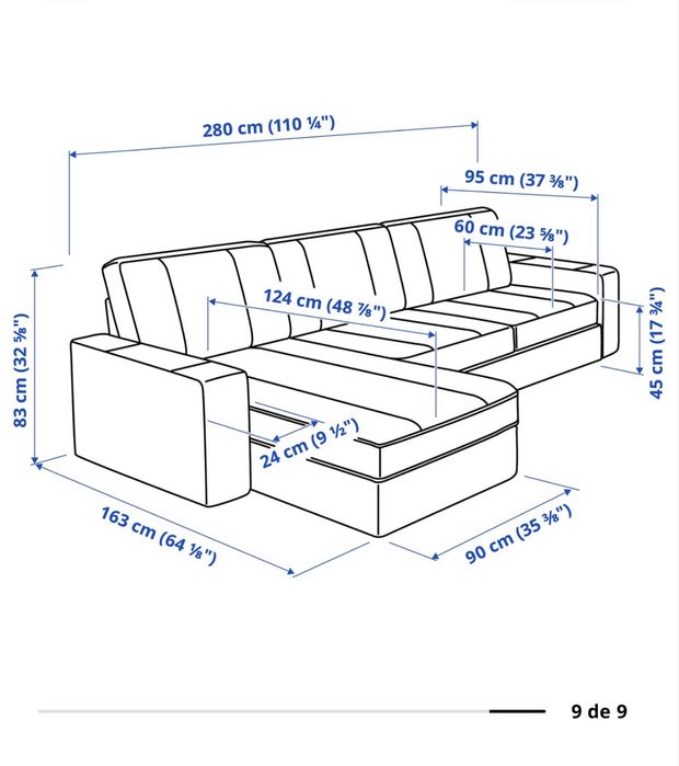 Sofá IKEA KIVIK 3 lugares com chaise longue – Verde/Turquesa