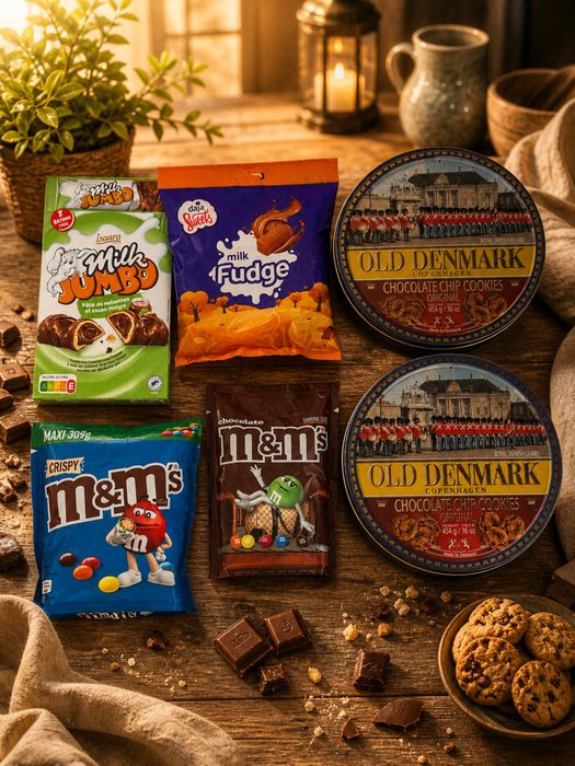 M&m’s crispy 309g + fudge + ciastka old denmark zestaw słodyczy mix