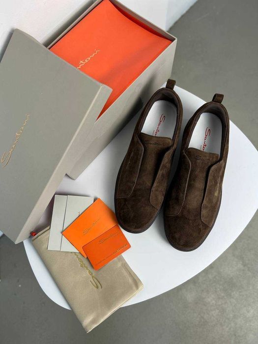 Мужские кожаные кроссовки Santoni замшевые кеды Сантони коричневые