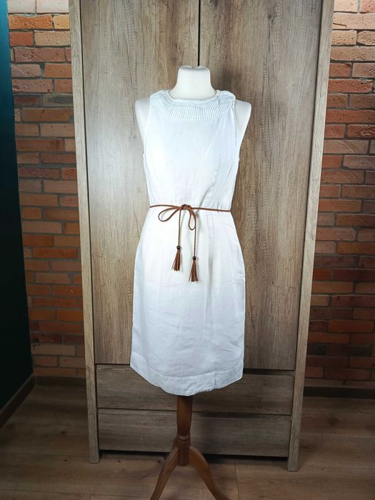 Basic lniana sukienka biała elegancka linen prosta klasyczna S 36
