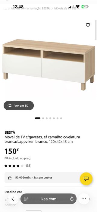 Rack TV IKEA BESTÅ — móvel TV c/gavetas, efeito carvalho c/velatura branca / LAPPVIKEN branco (2 módulos)