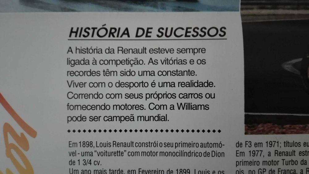 Brochura Poster Renault Williams 1992