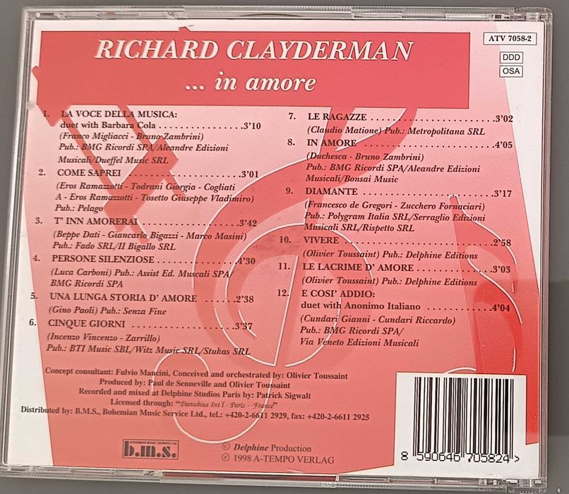CD  " ... in amore" de Richard Clayderman, em ótimo estado, como novo