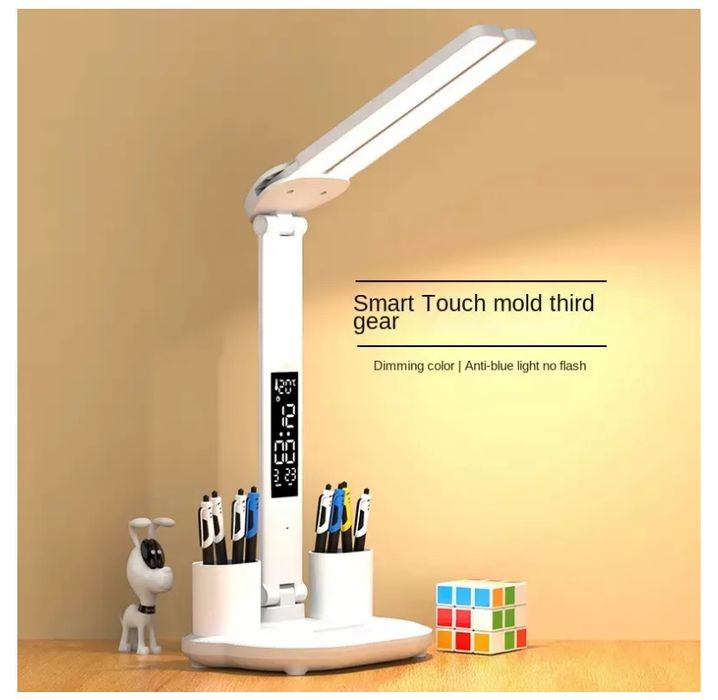 Светодиодная настольная LED лампа USB с часами календарем аккумуляторн