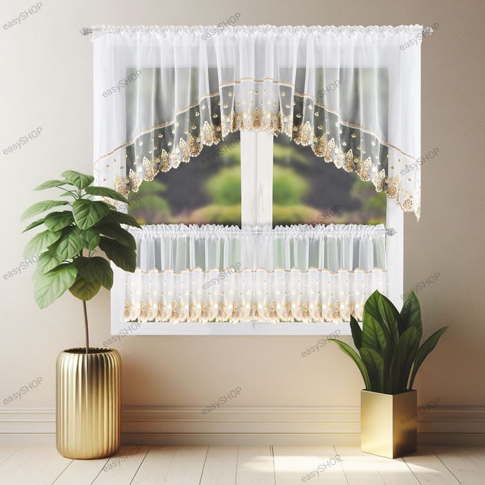 Zestaw firan do kuchni z beżowym wykończeniem