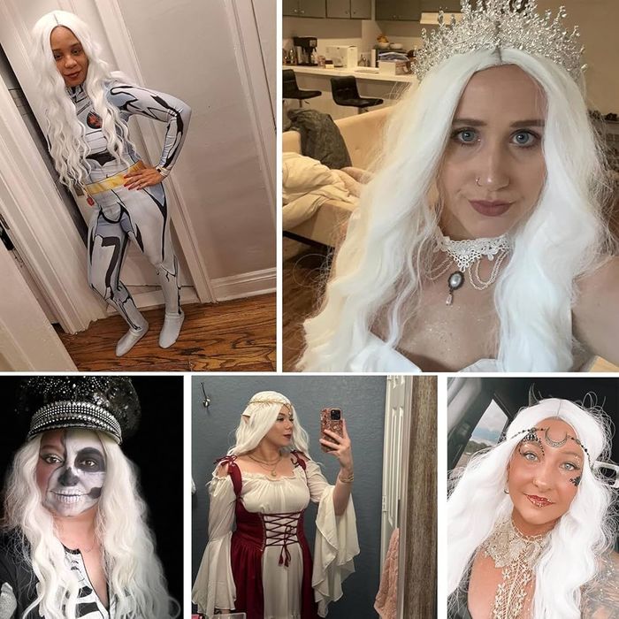 PORSMEER Biała peruka, długie falowane włosy, długość 75cm