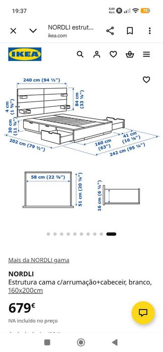 Cama de casal NORDLI IKEA 160 x 200 com 6 gavetas e cabeceiras Colchão EMMA quase novo (2026) Nordli novo 679 € Colchão novo 853 €