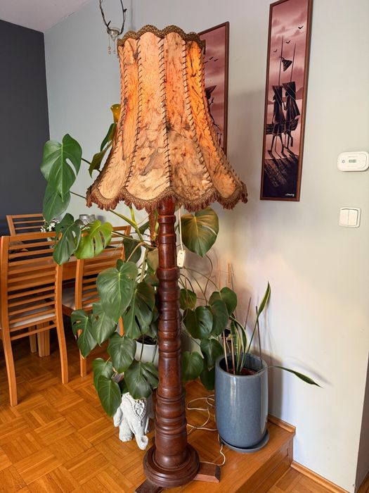 Stara lampa podłogowa dębowa vintage PRL retro duży abażur antyk