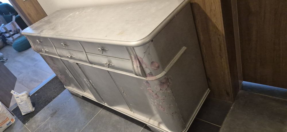 Duża stara antyczna srebrna komoda decoupage