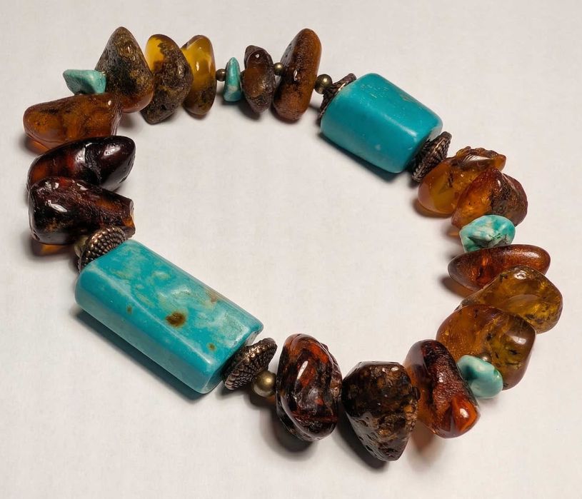 Etniczna Bransoleta BURSZTYN, Turkus, Kość Bawola BOHO