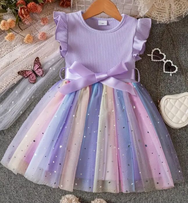 Nowa sukienka 110 5 lat fioletowa z tęczowym tiulem tutu ślub wesele