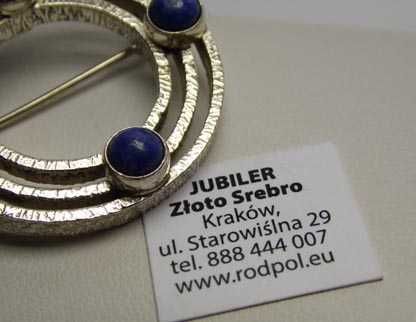 Srebrna broszka trzy koła półkule lapis lazuli