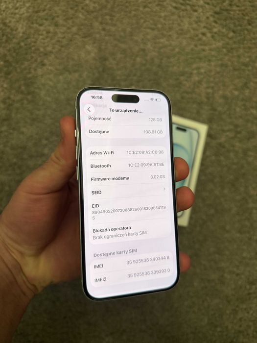 iPhone 15 • 128GB • Niebieski • Pudełko • 85% • Stan bardzo dobry