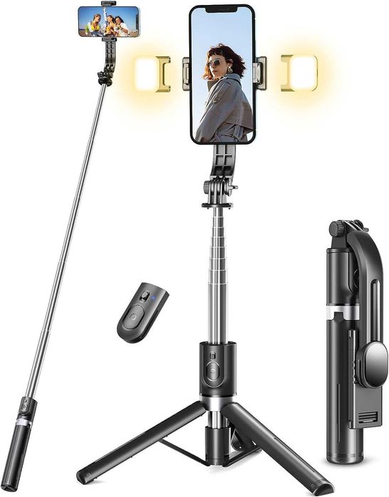 TUPWOON Q02M Statyw Bluetooth selfie lampa LED regulacja 21cm do 114cm