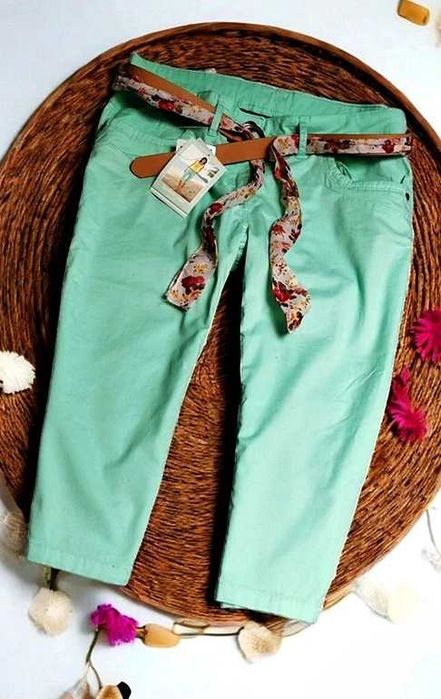 Spodnie Rybaczki Capri Turkusowe Miętowe Bawełna Boho Safari Lato L XL