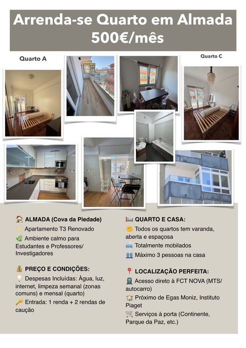 Quartos com varanda em Almada