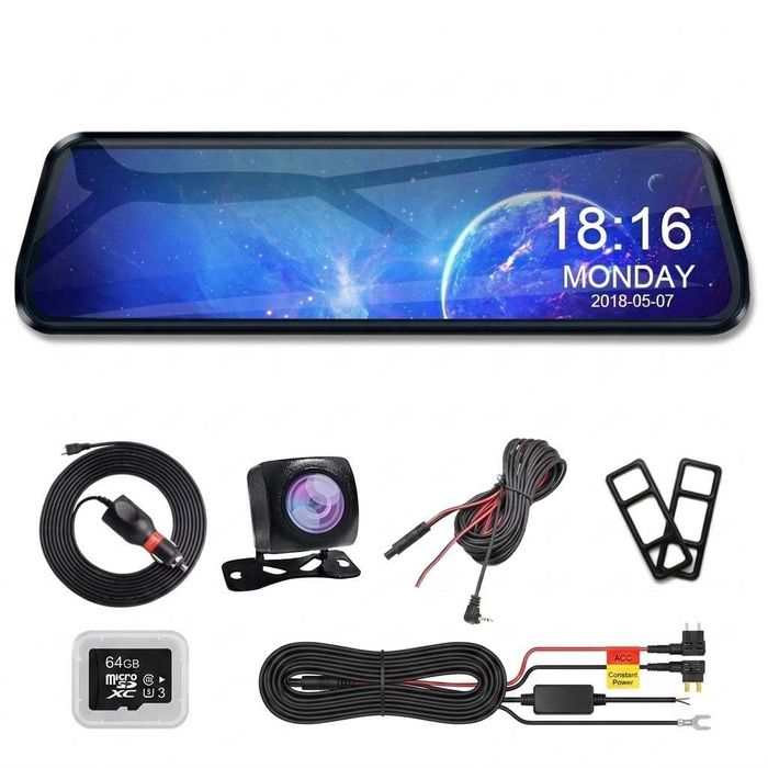 Kamera samochodowa Lusterko Przód 4K + Tył + Karta 64GB + Kabel Parkingowy