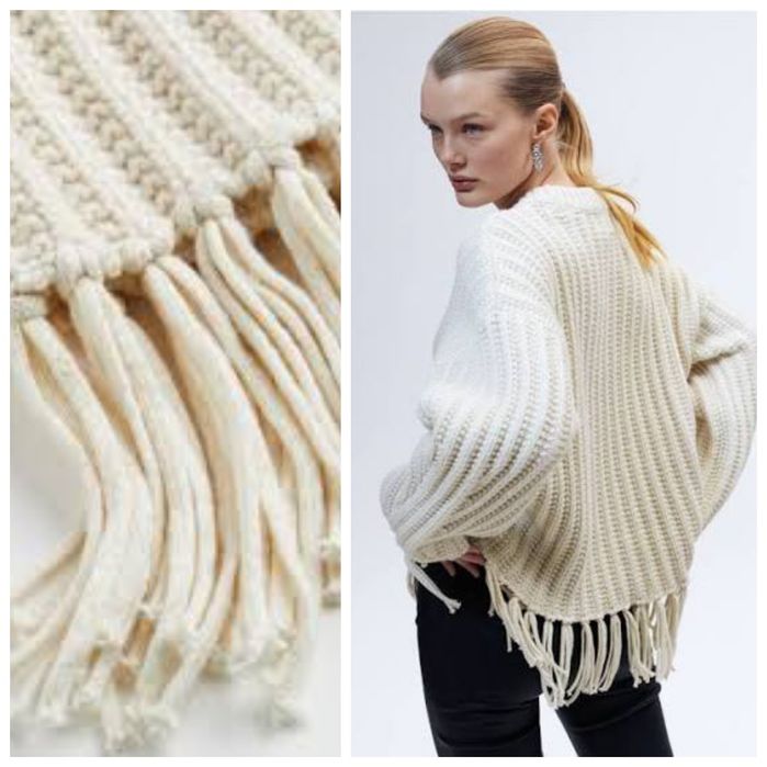 H&M XL śmietankowy luźny sweter oversize o grubym splocie z frędzlami