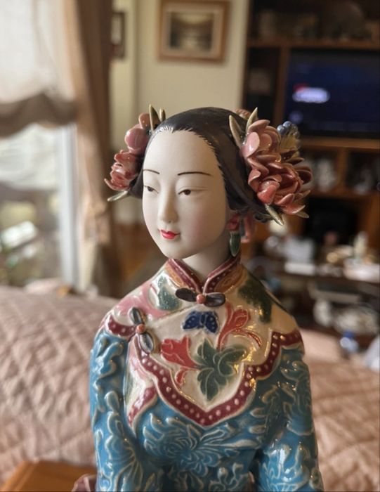 Estatueta de coleção oriental - Wucai porcelain Ceramic Pottery Belle Women Lady Girl Flower Lotus Statue