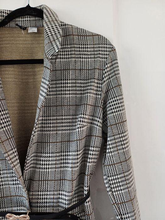 H&M szary płaszcz długi w kratkę wiosenny na wiosnę narzutka S 36