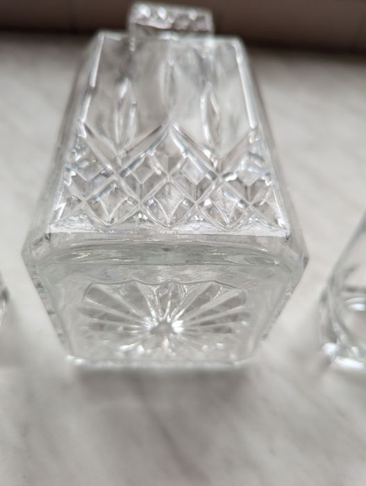 Karafka szklana kryształ.z korkiem i 5 szklaneczek - antyk z PRL - kpl