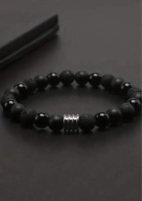 Śliczna męska bransoletka lawa wulkaniczna Turmalin i onyks