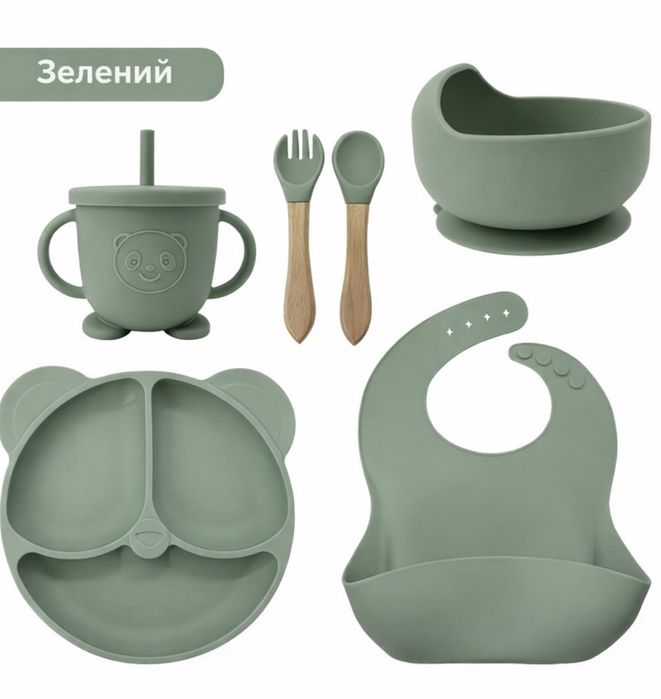 Набір дитячого силіконового посуду на присосках, зелений