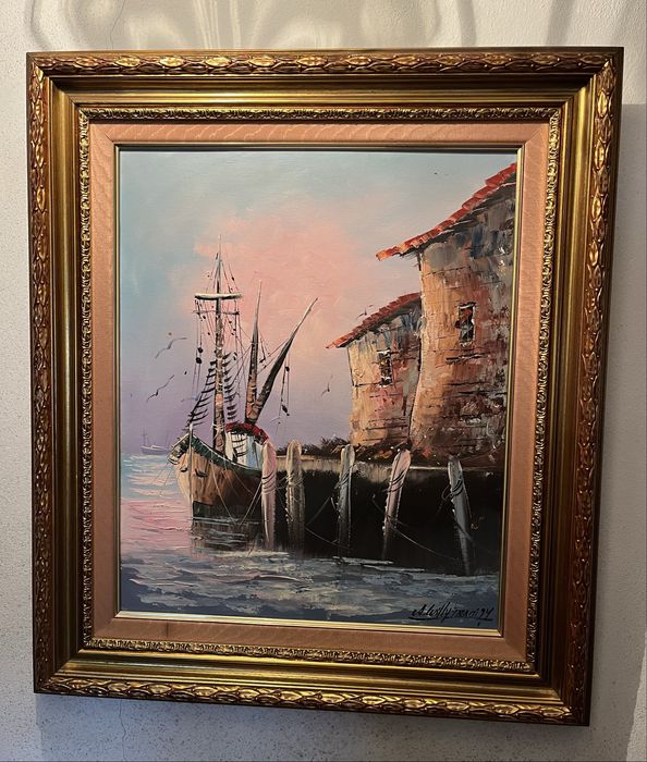 Quadro antigo com moldura em talha dourada