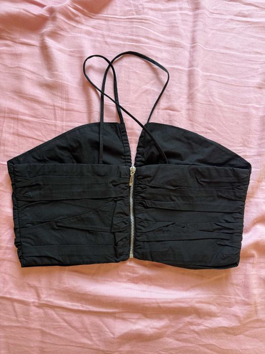 Bec + bridge Top Preto com Fecho Frontal e Alças Finas AUS 8 Black Zip Front Crop Top
