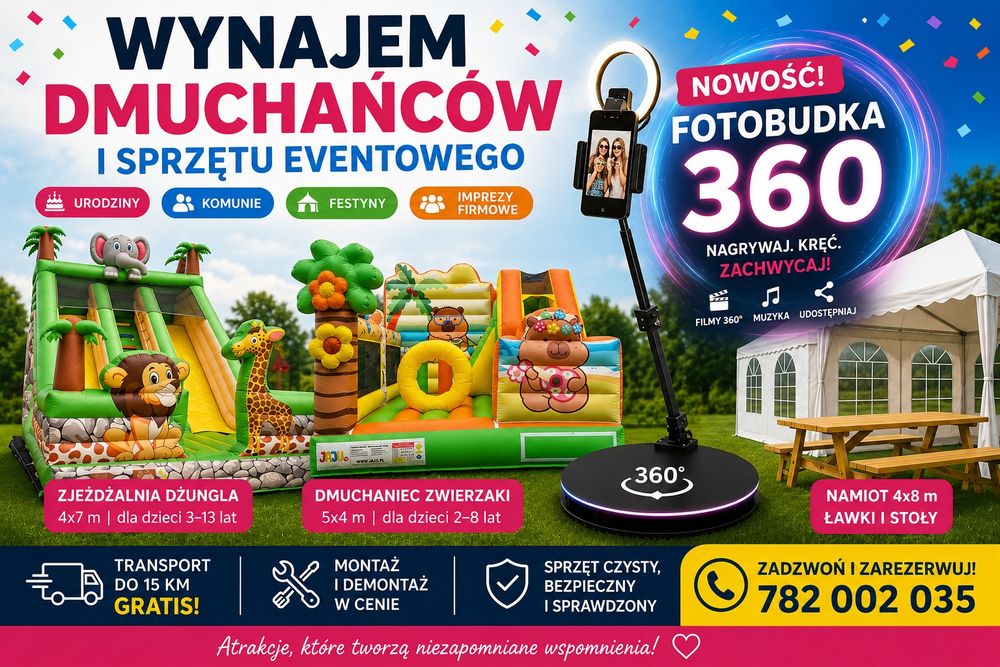Wynajem Dmuchańców | Fotobudka 360 | Namiot | Stoły i Ławki