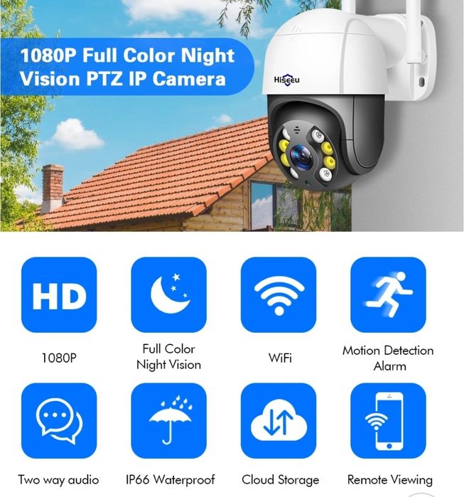 Câmera rotativa branca e preta Hiseeu WiFi antena dupla FullHD (Novo)