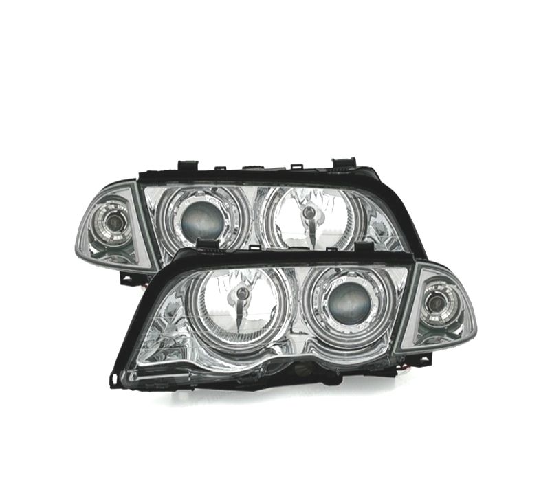 FARÓIS DIANTEIROS BMW E46 4 PORTAS 98-01 ANGEL EYES CFL FUNDO CROMADO H7-H7
