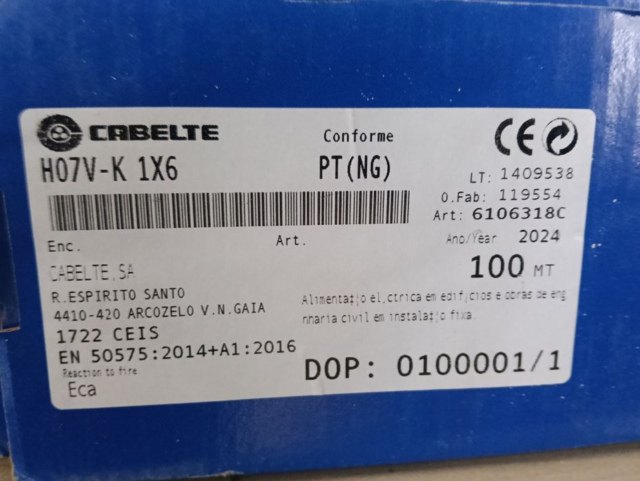 4 Rolos Fio eléctrico 6mm